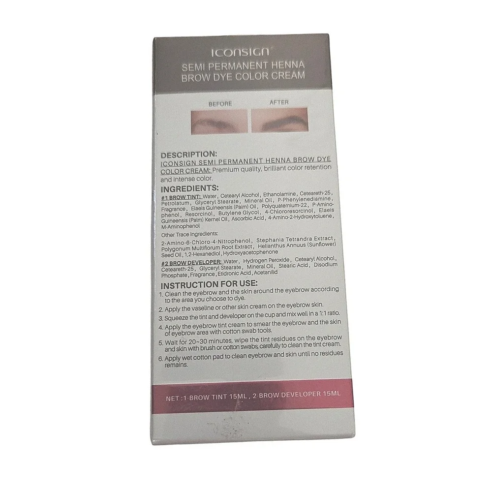 ICONSIGN Semi Permanent Henna Brow‎ Dye Color Cream Kit Brown 1 & 2 15ml Organic